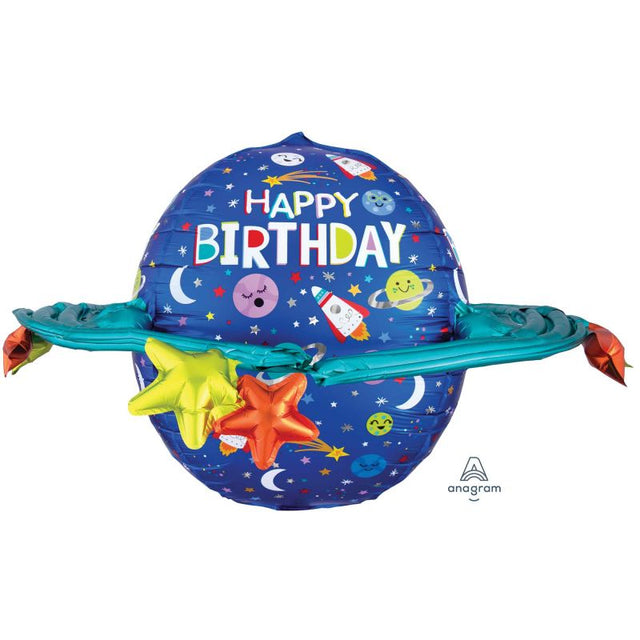 Vibrant 73cm x 50cm galaxy-themed balloon for festive birthday celebrations, perfect as a decoration or photo prop.