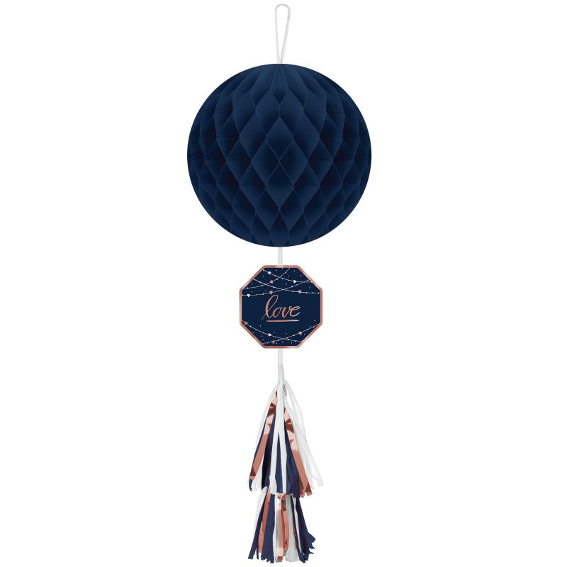 Elegant navy honeycomb hanging decoration, perfect for bridal events, measuring 75cm, made from high-quality cardboard and paper.