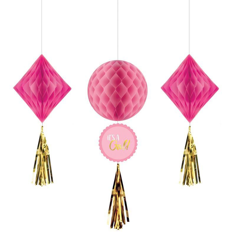Baby Shower Girl Honeycomb Hanging Decorations - (Pack of 3)