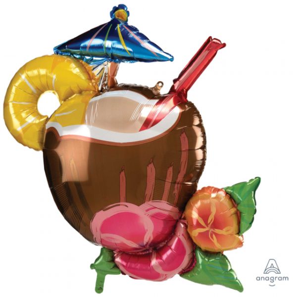 SuperShape XL foil balloon in the shape of a coconut pina colada, perfect for tropical parties and celebrations.