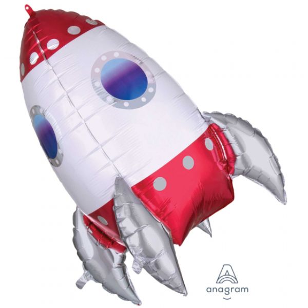 Brightly colored 55cm x 73cm UltraShape Rocket Ship foil balloon, perfect for space-themed parties and celebrations.