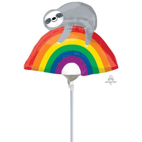 Adorable Mini Shape Rainbow Sloth Balloon, perfect for celebrations and parties, made of durable foil with vibrant colors.