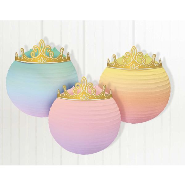 Disney Princess paper lanterns and gold crowns set, perfect for decorating kids' rooms or themed parties, measuring 31cm x 24cm.