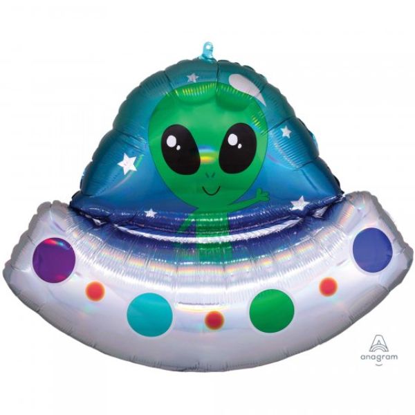 Iridescent alien spaceship foil balloon, 71cm x 53cm, perfect for space-themed celebrations and birthday parties.