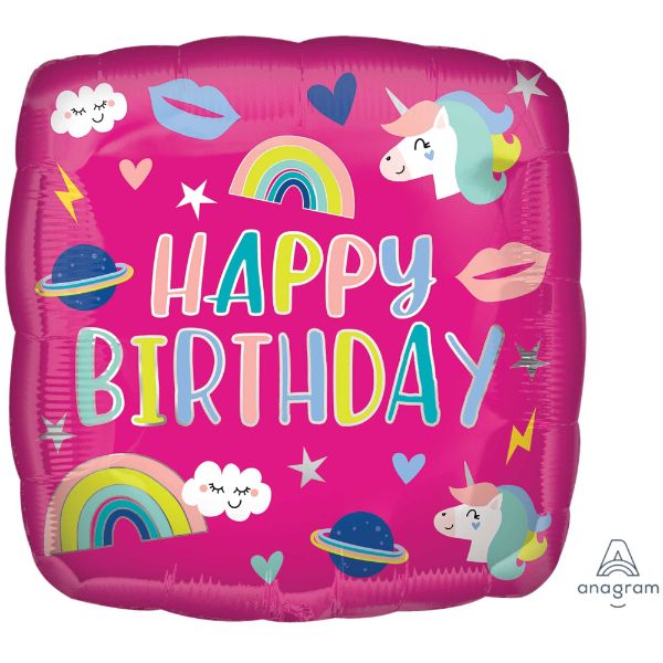 Vibrant 45cm unicorn balloon with trendy icons, perfect for birthday parties and celebrations.