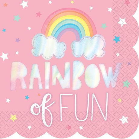 Colorful scalloped lunch napkins with foil detailing for vibrant birthday celebrations, perfect for kids' parties. Pack of 16.