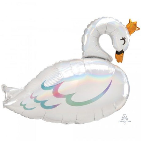 Self-sealing foil balloon shaped like a holographic iridescent swan, measuring 73cm x 55cm, perfect for festive decor.