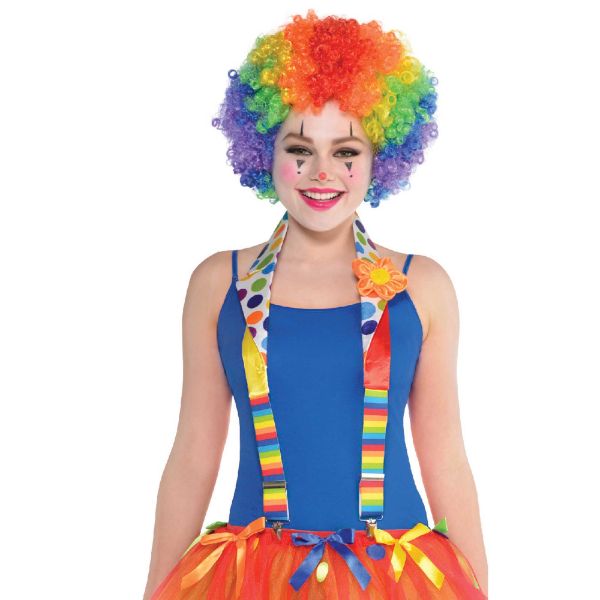 Vibrant and adjustable clown suspenders for parties and performances, adding whimsy with ease and comfort.