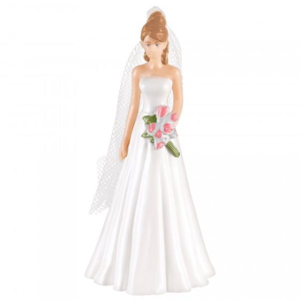 Elegant cake topper featuring a bride with light brown hair, ideal for weddings and bridal showers, standing 10cm tall.