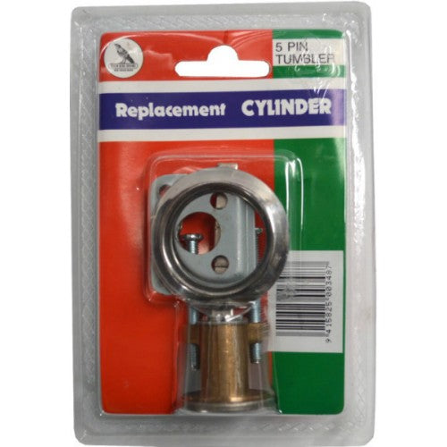 Stylish stainless steel lock cylinder designed for security, fits most rim-mounted locks, includes two unique keys.