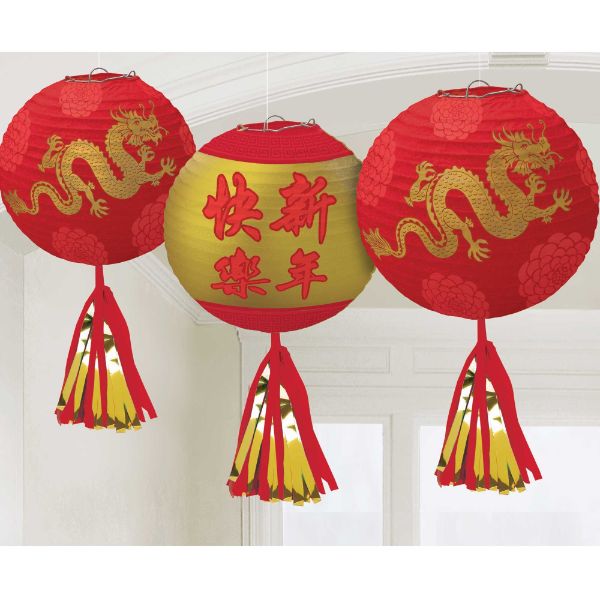 Chinese New Year Deluxe Paper Lanterns & Tassels Foil Hot Stamped (Pack of 3)