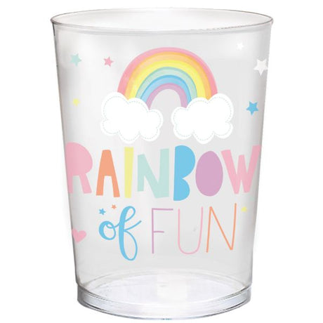 Colorful 473ml plastic favor cup featuring a magical rainbow design, perfect for drinks at festive birthday celebrations.
