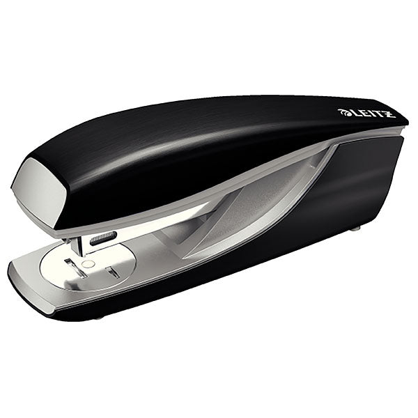 Leitz Nexxt Style HS Black stapler with brushed metal finish, staples up to 30 sheets, features integrated remover and easy refilling.