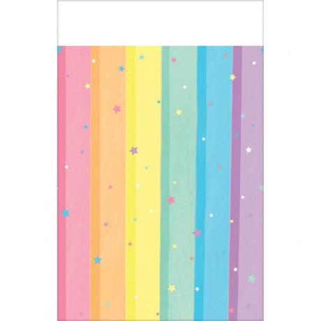 Vibrant Magical Rainbow Plastic Tablecover (137cm x 243cm) perfect for festive birthday parties and easy cleanup.