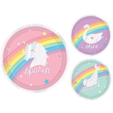 Magical Rainbow Birthday iridescent paper plates, 7", perfect for vibrant celebrations, eco-friendly, pack of 8.