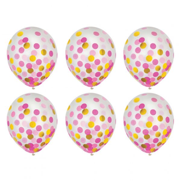 Pack of 6 pink and gold 30cm latex balloons with confetti, perfect for adding festive charm to any celebration.