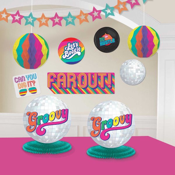 Colorful 70's room decorating kit with garland, centerpieces, and cutouts for retro-themed parties and vibrant decor.