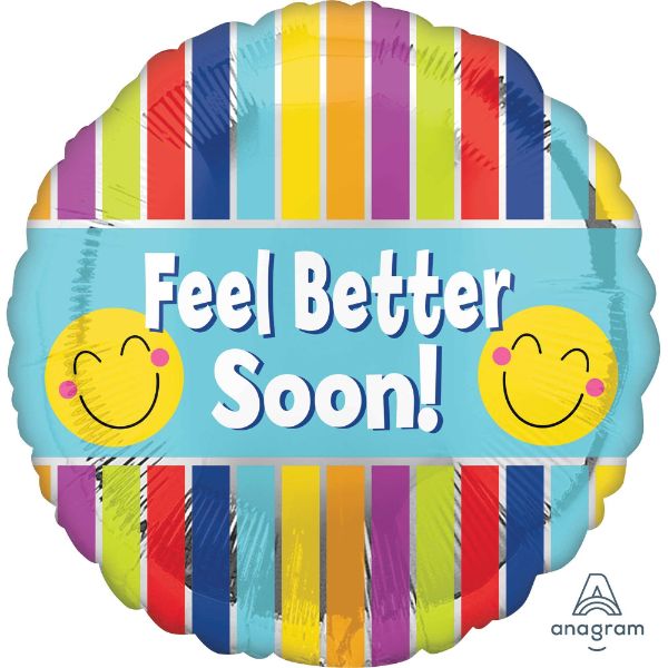 Vibrant 45cm foil balloon with "Feel Better Soon" message and colorful stripes, perfect for lifting spirits.