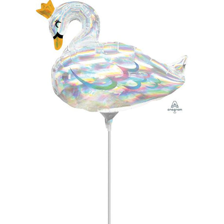 Iridescent foil balloon in the shape of a swan, perfect for parties and celebrations, measures 30cm, requires air inflation.