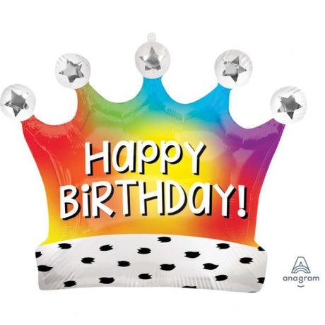 Colorful crown-shaped foil balloon with a rainbow design for joyful birthday celebrations, measuring 68cm x 53cm.