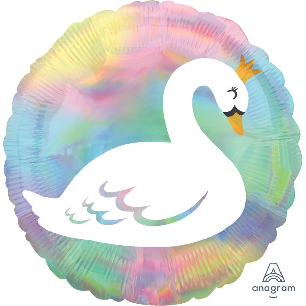 Holographic pastel swan balloon, 45cm, perfect for parties with a shimmering finish and durable self-sealing design.