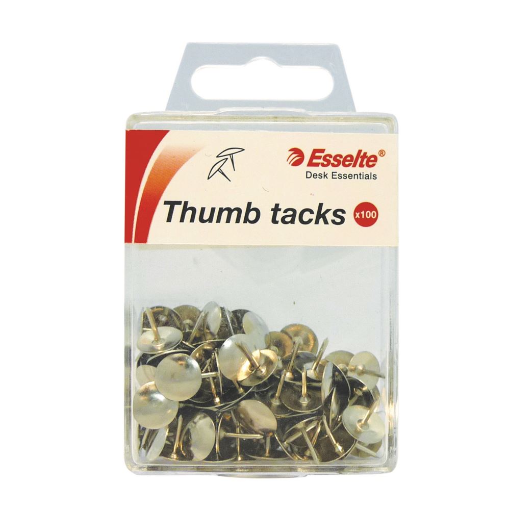 Silver Esselte drawing pins box of 100, featuring 10mm heads and 9mm length, perfect for tacking papers and posters.