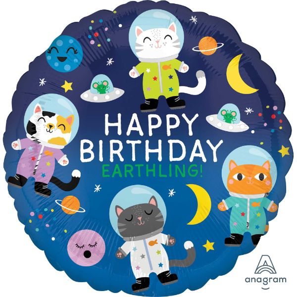 Vibrant 45cm Happy Birthday Space Cats Balloon featuring cute cats in space, perfect for cat lovers and festive celebrations.