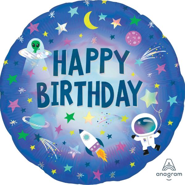 Holographic 45cm birthday balloon with an outer space theme, perfect for cosmic party decor and celebrations.