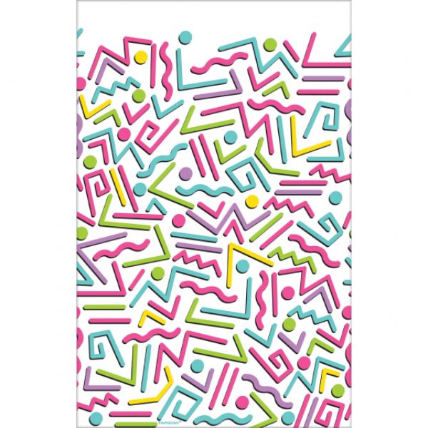 Vibrant 80s plastic tablecover, 137cm x 243cm, perfect for retro-themed parties and easy cleanup.