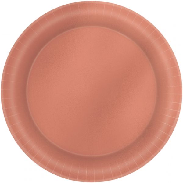 Stylish pack of 8 rose gold metallic 21cm round plates, perfect for elegant events and disposable dining.