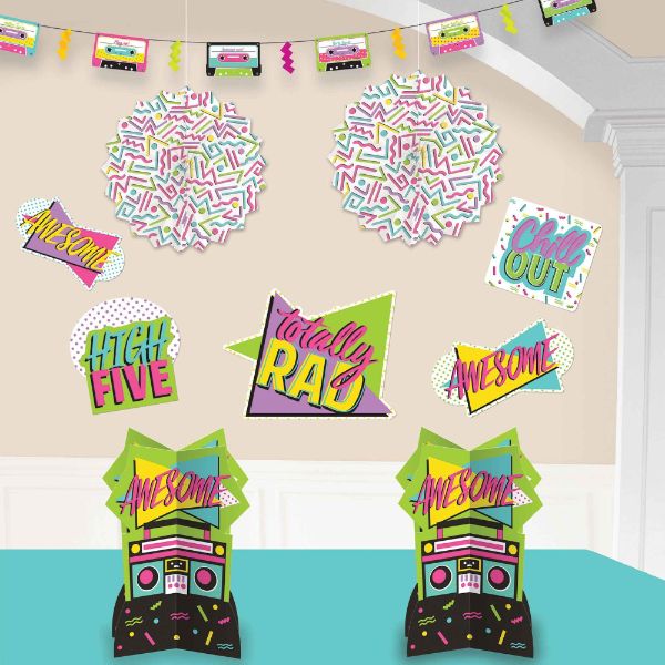 Vibrant 80's room decorating kit with retro garland, centerpieces, fans, and cutouts for a lively, nostalgic party atmosphere.