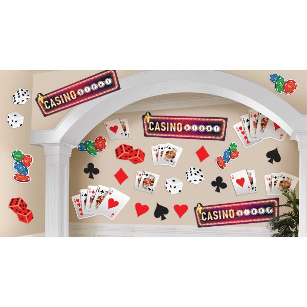 Vibrant casino-themed cutouts in three sizes, perfect for enhancing parties and game nights. Pack of 30 durable decorations.