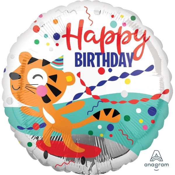 Colorful 45cm Happy Birthday Tiger balloon, self-sealing foil, perfect for kids' parties and festive celebrations.