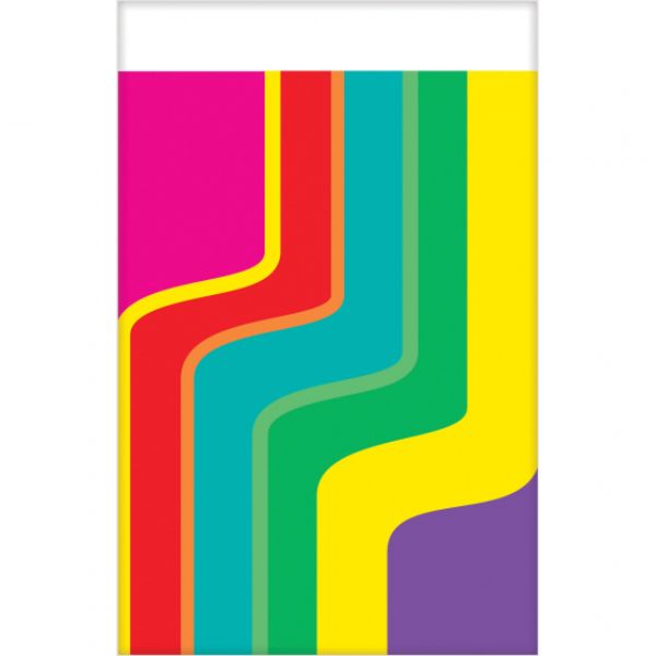 Vibrant Good Vibes 70's Plastic Tablecover, 137cm x 243cm, perfect for retro-themed parties and easy to clean.