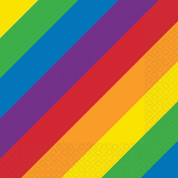 Colorful pack of 16 rainbow lunch napkins, perfect for brightening parties and easy clean-up at celebrations.