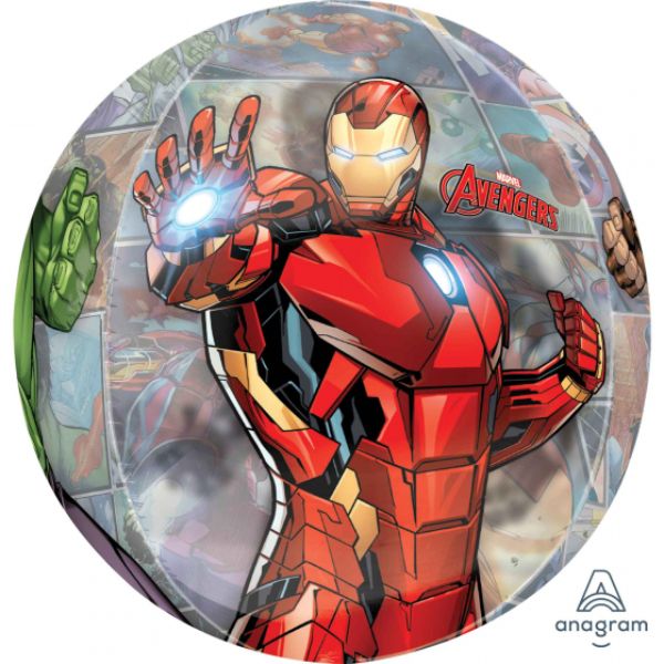 Clear Orbz XL balloon featuring Avengers characters, perfect for superhero-themed parties and celebrations.