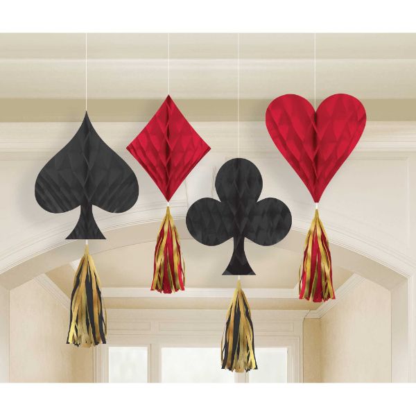 Colorful casino-themed mini hanging honeycomb decorations with tassels, perfect for festive occasions and game nights.