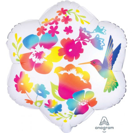 Vibrant satin-infused balloon with watercolour flowers and a hummingbird, perfect for celebrations and floral-themed events.