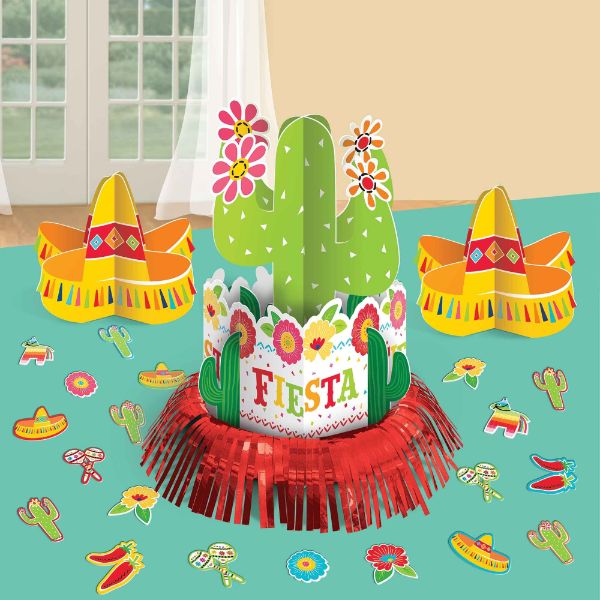 Colorful Fiesta Table Decorating Kit featuring a large centerpiece, two smaller centerpieces, and vibrant confetti for joyful celebrations.