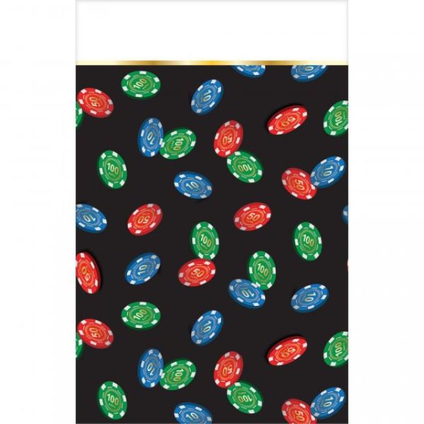 Vibrant plastic tablecover featuring classic dice motifs, perfect for casino-themed parties and gaming events.