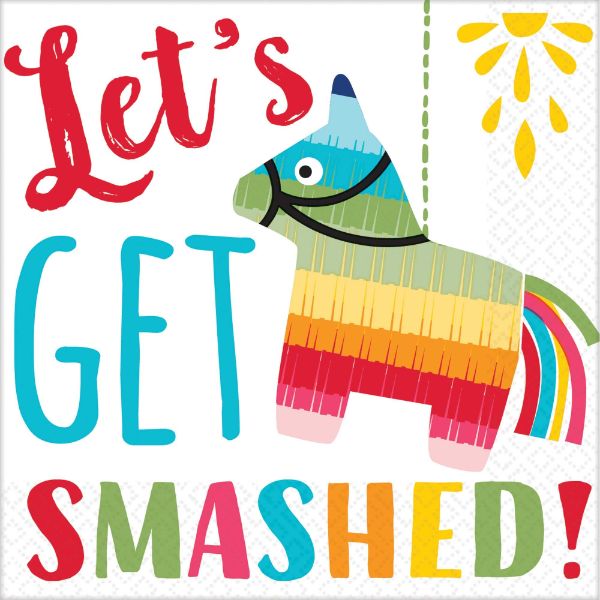 Colorful "Let's Get Smashed" napkins, perfect for parties, fun design, pack of 16, absorbent and disposable.