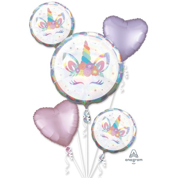 Iridescent unicorn-shaped and standard balloons in a pack of 5, perfect for magical unicorn-themed celebrations.