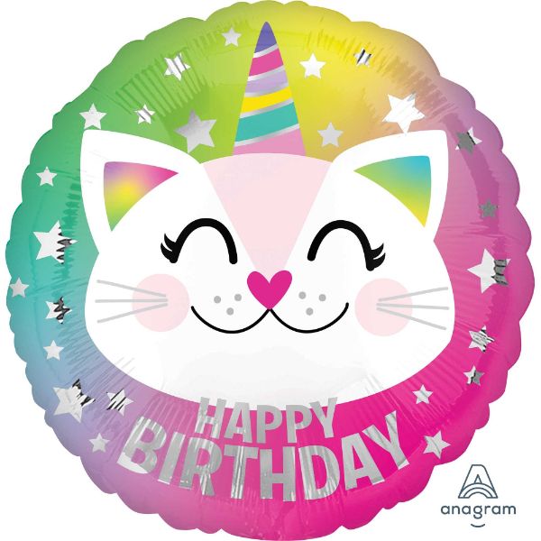 45cm Happy Birthday Caticorn balloon featuring a cat-unicorn design, perfect for festive celebrations and themed parties.