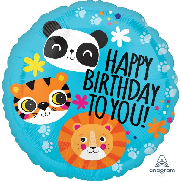 Colorful 45cm foil balloons featuring a lion, tiger, and panda for a vibrant birthday celebration.