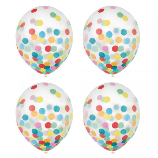 Vibrant multi-coloured latex balloons with confetti, perfect for celebrations and events, pack of 6, 30cm size.