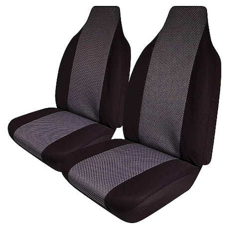 Stylish grey square pattern front seat cover with black sides, crafted for comfort and durability, fits most bucket seats.