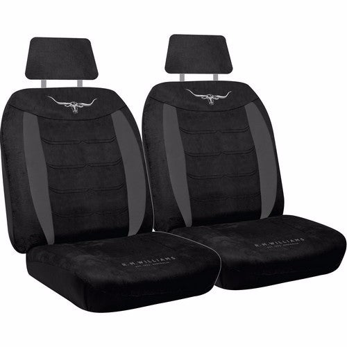 Black velour seat covers by R.M.Williams, size 30, featuring thick foam backing and pockets for storage and practicality.