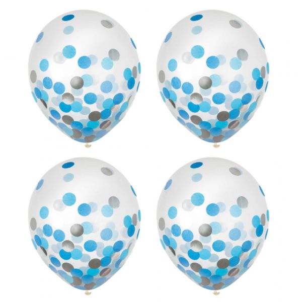 Pack of 6 blue and silver confetti latex balloons, 30cm, perfect for adding color to any celebration.