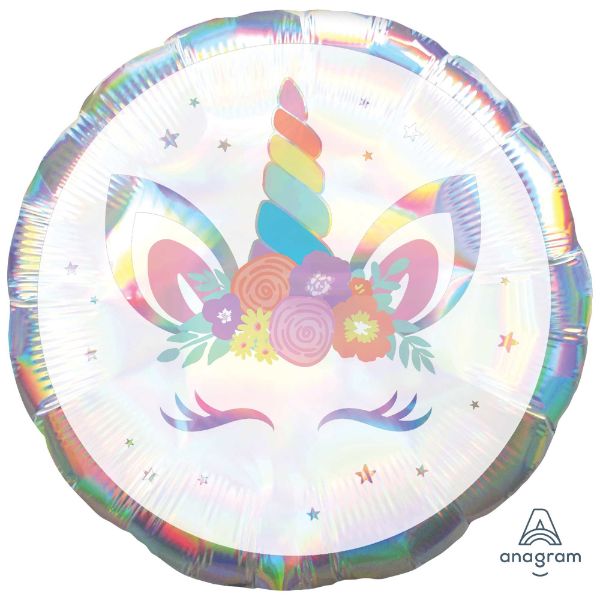 Iridescent 45cm unicorn foil balloon, perfect for parties, birthdays, and celebrations, featuring vibrant colors and shimmering finish.