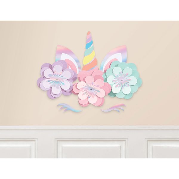 Colorful unicorn and rainbow wall decor kit with flowers for magical birthday celebrations, perfect for parties and easy to set up.